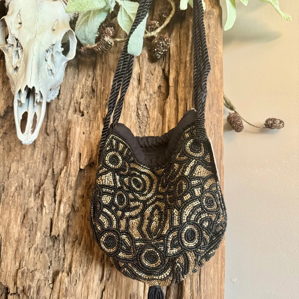 Free People Black and Gold Beaded Shoulder Bag